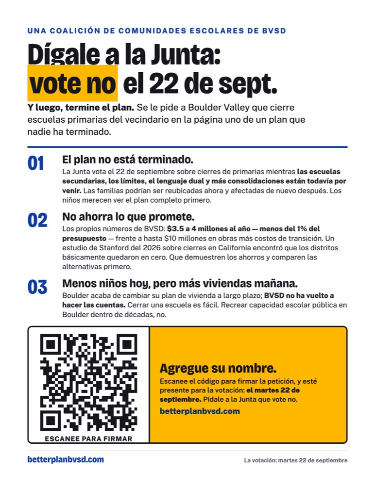 Volante en español: 'Dígale a la Junta: vote no el 22 de sept.' con las tres razones y un código QR para agregar su nombre.
